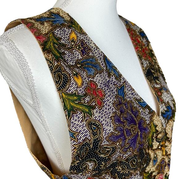 Halsey Collection Vest Petite Small Vintage Boho Tan Blue Red Floral Art Beaded - Picture 3 of 14